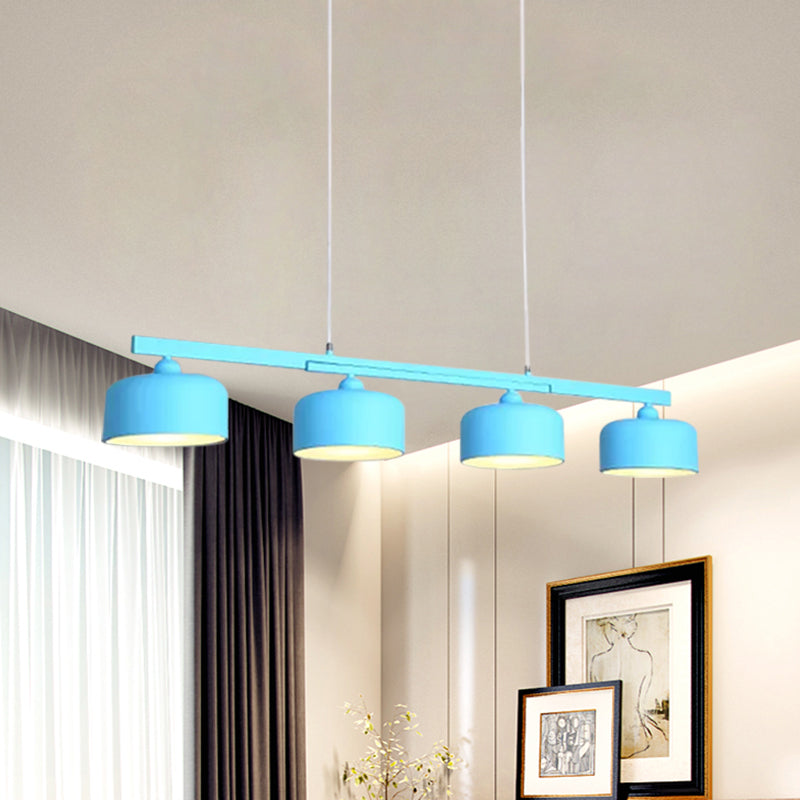 Macaron Drum Shade Hanging Chandelier Metal 4 Lights Ceiling Lamp over Dining Table Clearhalo 'Ceiling Lights' 'Island Lights' Lighting' 1886384