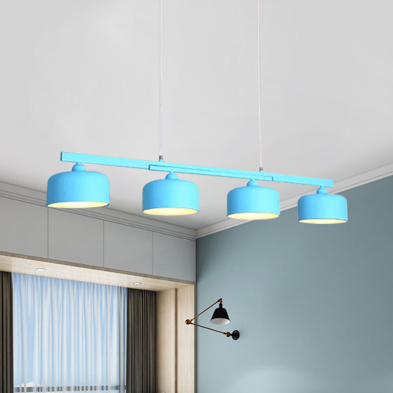 Macaron Drum Shade Hanging Chandelier Metal 4 Lights Ceiling Lamp over Dining Table Clearhalo 'Ceiling Lights' 'Island Lights' Lighting' 1886385