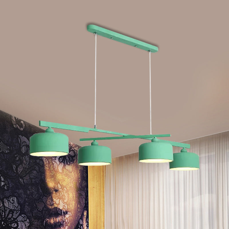 Macaron Drum Shade Hanging Chandelier Metal 4 Lights Ceiling Lamp over Dining Table Green Clearhalo 'Ceiling Lights' 'Island Lights' Lighting' 1886388
