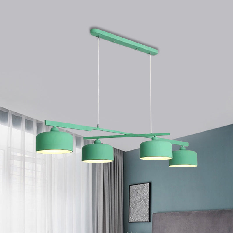 Macaron Drum Shade Hanging Chandelier Metal 4 Lights Ceiling Lamp over Dining Table Clearhalo 'Ceiling Lights' 'Island Lights' Lighting' 1886389