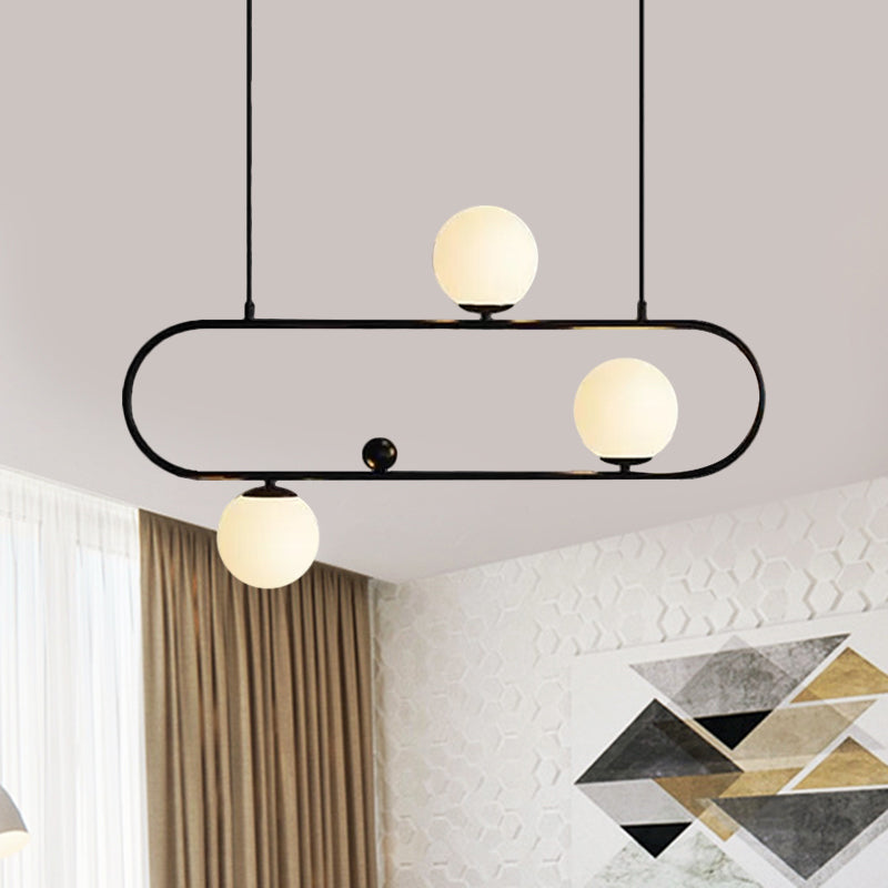 Oblong Dining Room Ceiling Chandelier Opal Glass 3/4 Lights Post Modern Island Light in Black/Gold 3 Black Clearhalo 'Ceiling Lights' 'Island Lights' Lighting' 1886503