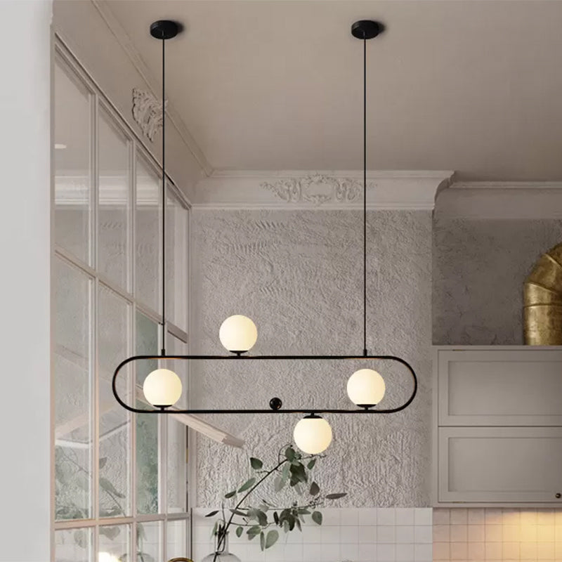 Oblong Dining Room Ceiling Chandelier Opal Glass 3/4 Lights Post Modern Island Light in Black/Gold 4 Black Clearhalo 'Ceiling Lights' 'Island Lights' Lighting' 1886508