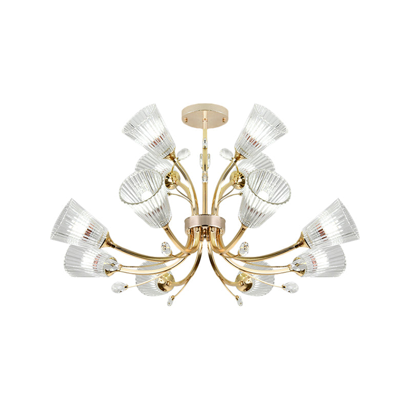 Ribbed Glass Tapered Shade Chandelier Hotel 12 Lights Crystal Accent Hanging Lighting in Gold Clearhalo 'Ceiling Lights' 'Chandeliers' 'Modern Chandeliers' 'Modern' Lighting' 1886526