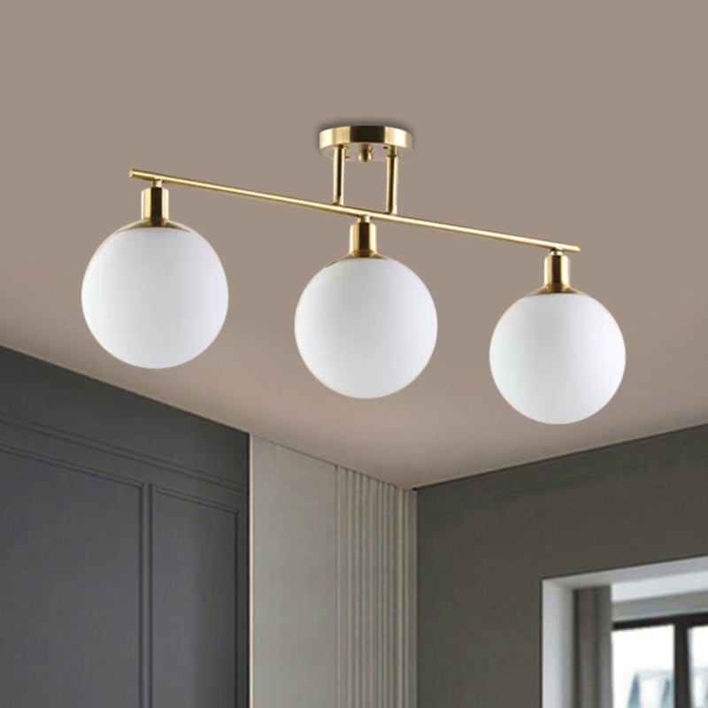 Post Modern Orb Shade Linear Chandelier Milk Glass 2/3 Heads Gold Finish Hanging Pendant Light 3 Gold Clearhalo 'Ceiling Lights' 'Glass shade' 'Glass' 'Island Lights' Lighting' 1886573