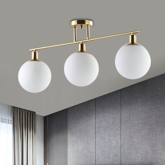 Post Modern Orb Shade Linear Chandelier Milk Glass 2/3 Heads Gold Finish Hanging Pendant Light Clearhalo 'Ceiling Lights' 'Glass shade' 'Glass' 'Island Lights' Lighting' 1886574