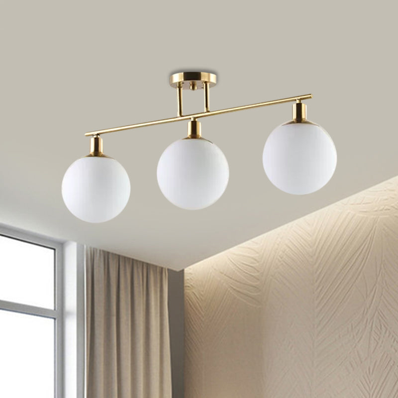 Post Modern Orb Shade Linear Chandelier Milk Glass 2/3 Heads Gold Finish Hanging Pendant Light Clearhalo 'Ceiling Lights' 'Glass shade' 'Glass' 'Island Lights' Lighting' 1886575