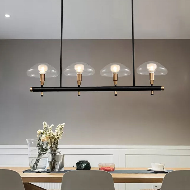 Clear Shade Mushroom Linear Pendant 4/6 Lights Glass Island Lighting in Black for Restaurant 4 Black Clearhalo 'Ceiling Lights' 'Island Lights' Lighting' 1886593