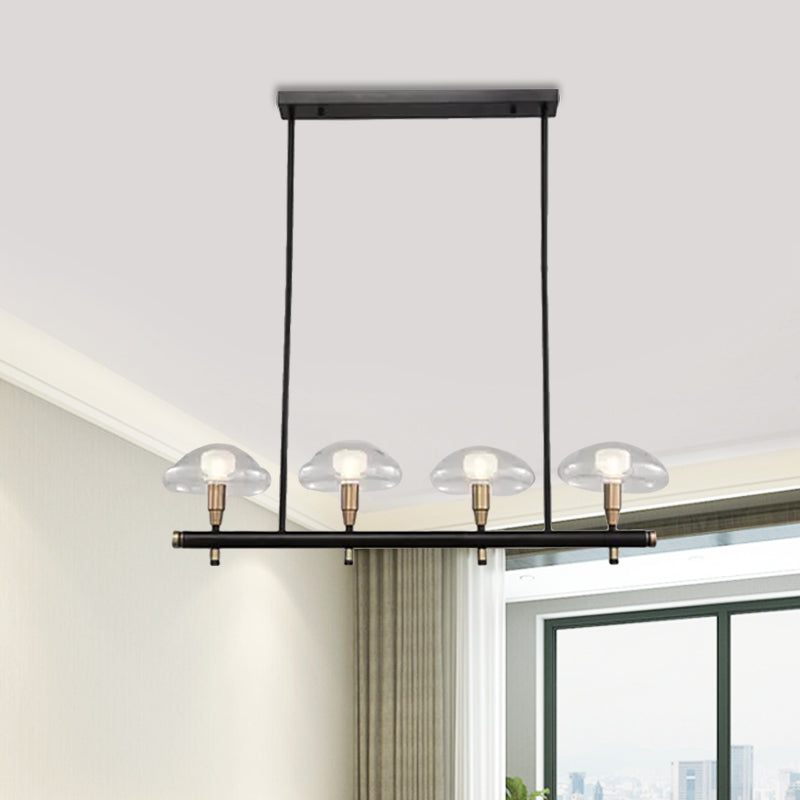 Clear Shade Mushroom Linear Pendant 4/6 Lights Glass Island Lighting in Black for Restaurant Clearhalo 'Ceiling Lights' 'Island Lights' Lighting' 1886595