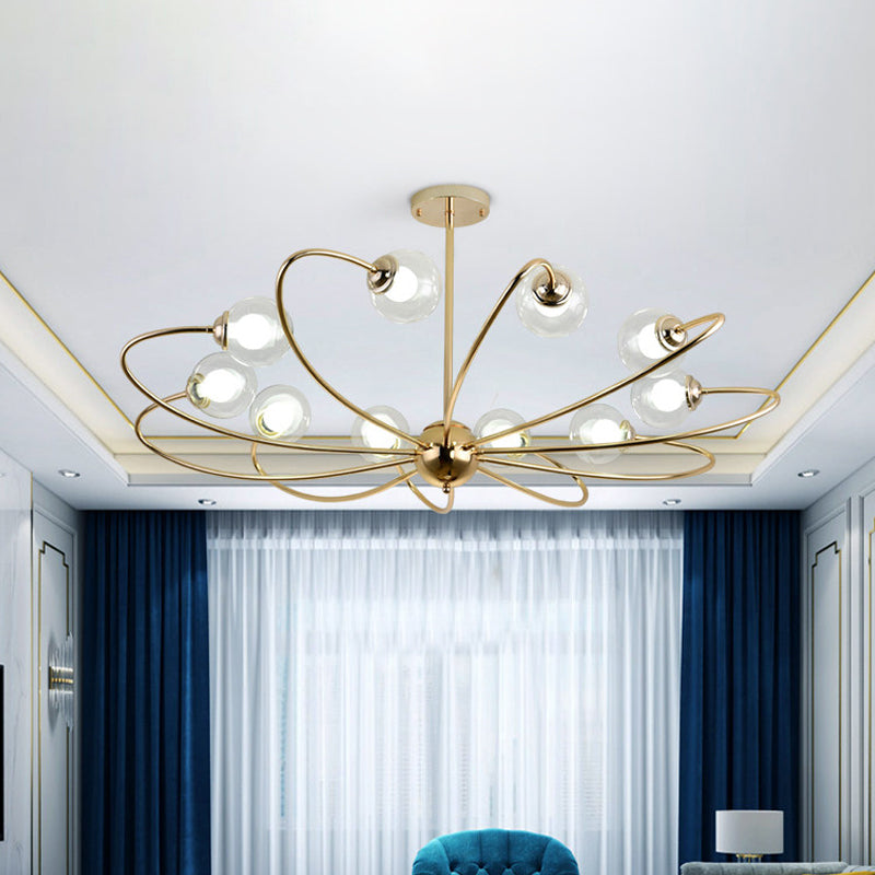 Gold Curved Arm Hanging Pendant Light 6/8/10 Heads Glass Shade Ceiling Chandelier 10 Gold Clearhalo 'Ceiling Lights' 'Chandeliers' 'Modern Chandeliers' 'Modern' Lighting' 1886661