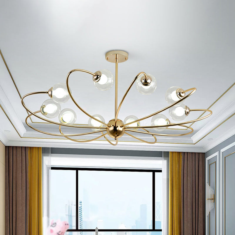 Gold Curved Arm Hanging Pendant Light 6/8/10 Heads Glass Shade Ceiling Chandelier Clearhalo 'Ceiling Lights' 'Chandeliers' 'Modern Chandeliers' 'Modern' Lighting' 1886662