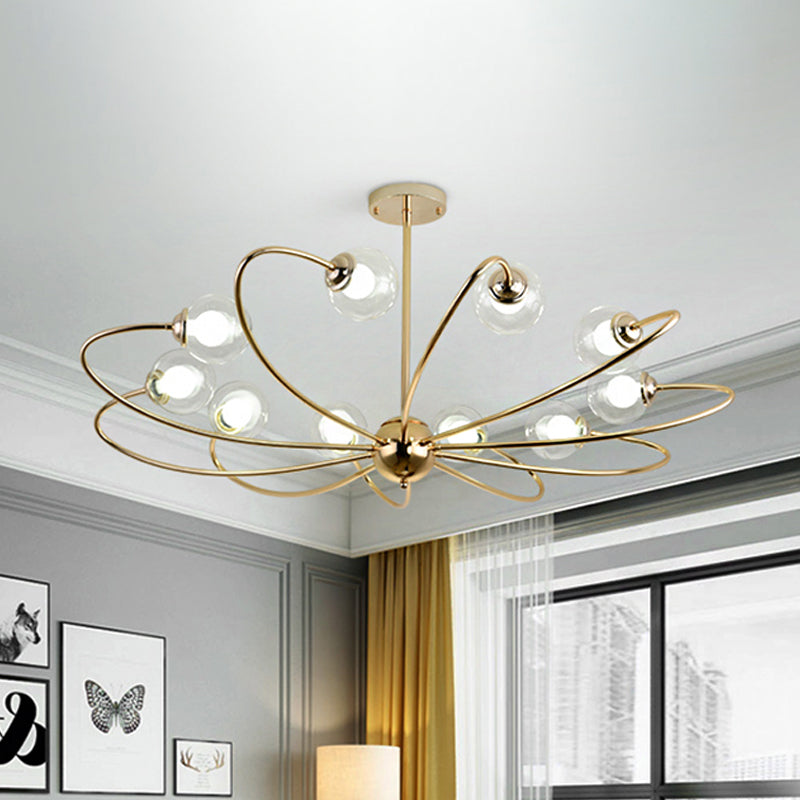 Gold Curved Arm Hanging Pendant Light 6/8/10 Heads Glass Shade Ceiling Chandelier Clearhalo 'Ceiling Lights' 'Chandeliers' 'Modern Chandeliers' 'Modern' Lighting' 1886663