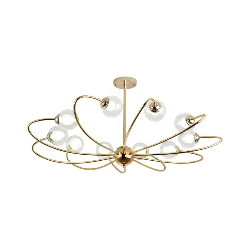 Gold Curved Arm Hanging Pendant Light 6/8/10 Heads Glass Shade Ceiling Chandelier Clearhalo 'Ceiling Lights' 'Chandeliers' 'Modern Chandeliers' 'Modern' Lighting' 1886664