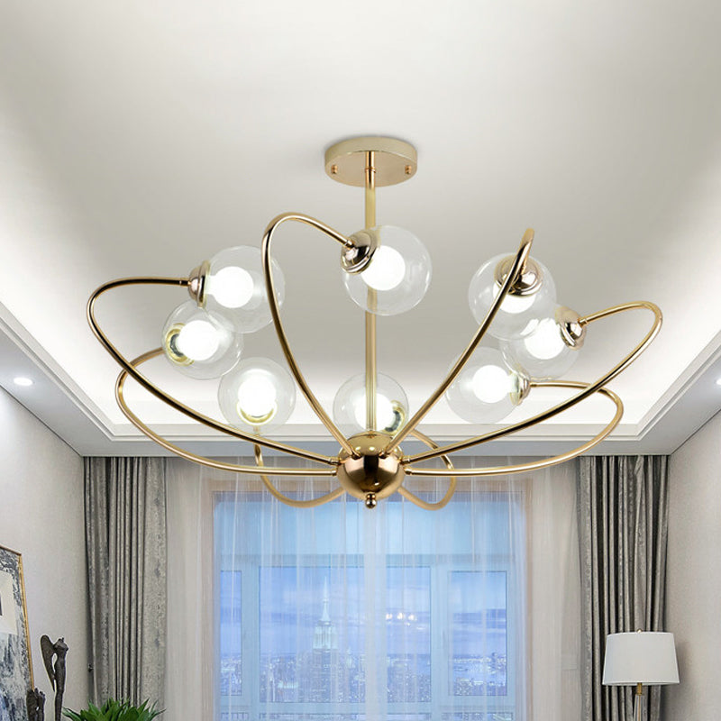 Gold Curved Arm Hanging Pendant Light 6/8/10 Heads Glass Shade Ceiling Chandelier 8 Gold Clearhalo 'Ceiling Lights' 'Chandeliers' 'Modern Chandeliers' 'Modern' Lighting' 1886666