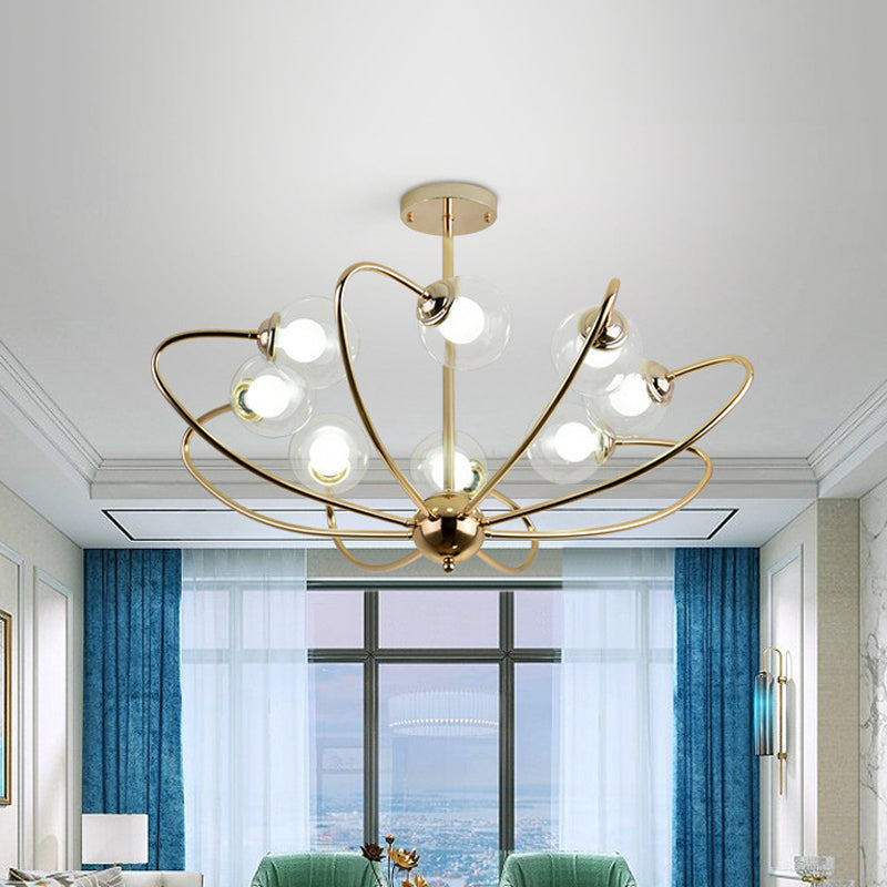 Gold Curved Arm Hanging Pendant Light 6/8/10 Heads Glass Shade Ceiling Chandelier Clearhalo 'Ceiling Lights' 'Chandeliers' 'Modern Chandeliers' 'Modern' Lighting' 1886667