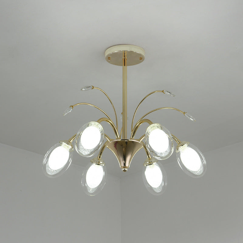 Oval Glass Shade Chandelier Lamp 6/8/10 Head Post Modern Hanging Ceiling Light in Gold Clearhalo 'Ceiling Lights' 'Chandeliers' 'Modern Chandeliers' 'Modern' Lighting' 1886693