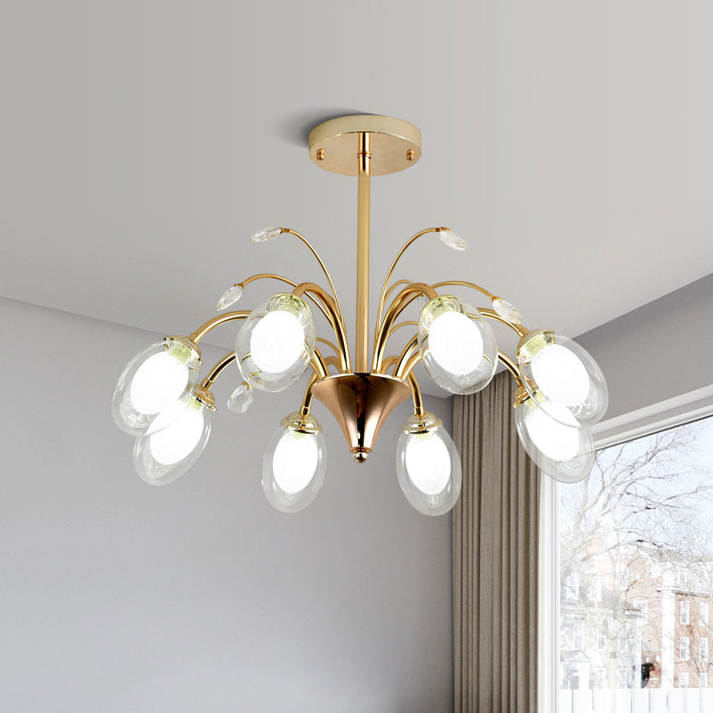 Oval Glass Shade Chandelier Lamp 6/8/10 Head Post Modern Hanging Ceiling Light in Gold 8 Gold Clearhalo 'Ceiling Lights' 'Chandeliers' 'Modern Chandeliers' 'Modern' Lighting' 1886696