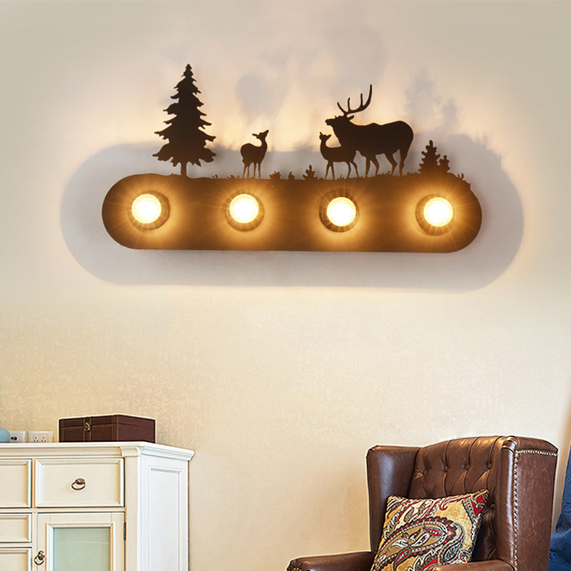 Rustic Conveyor Belt Sconce Light 4 Bulbs Metal Wall Lamp with Deer in Black for Living Room Black Clearhalo 'Wall Lamps & Sconces' 'Wall Lights' Lighting' 188740