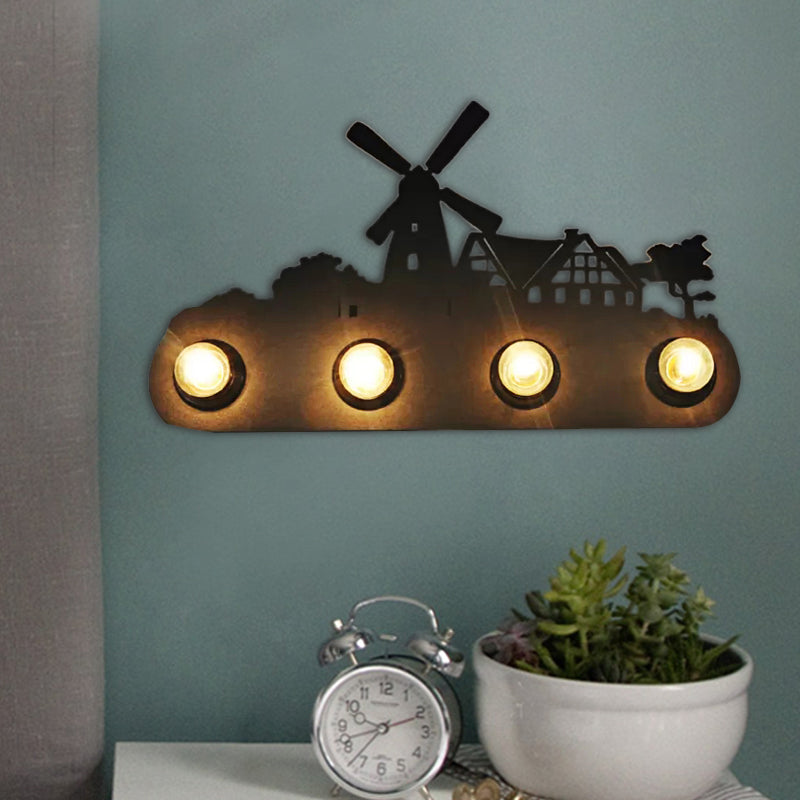 Vintage Conveyor Belt Sconce Light Meta 4 Lights Black Wall Lamp with Windmill for Bedroom Black Clearhalo 'Wall Lamps & Sconces' 'Wall Lights' Lighting' 188754