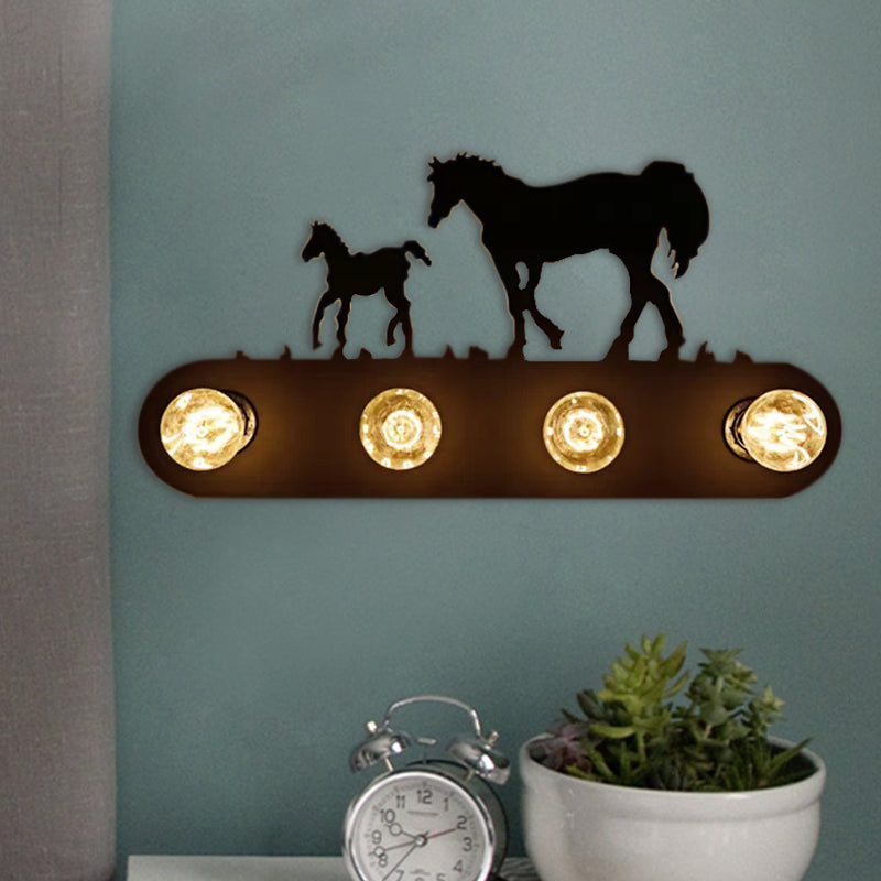 Black Conveyor Belt Wall Light with Horse 4 Lights Antique Metal Sconce Light for Restaurant Black Clearhalo 'Wall Lamps & Sconces' 'Wall Lights' Lighting' 188776