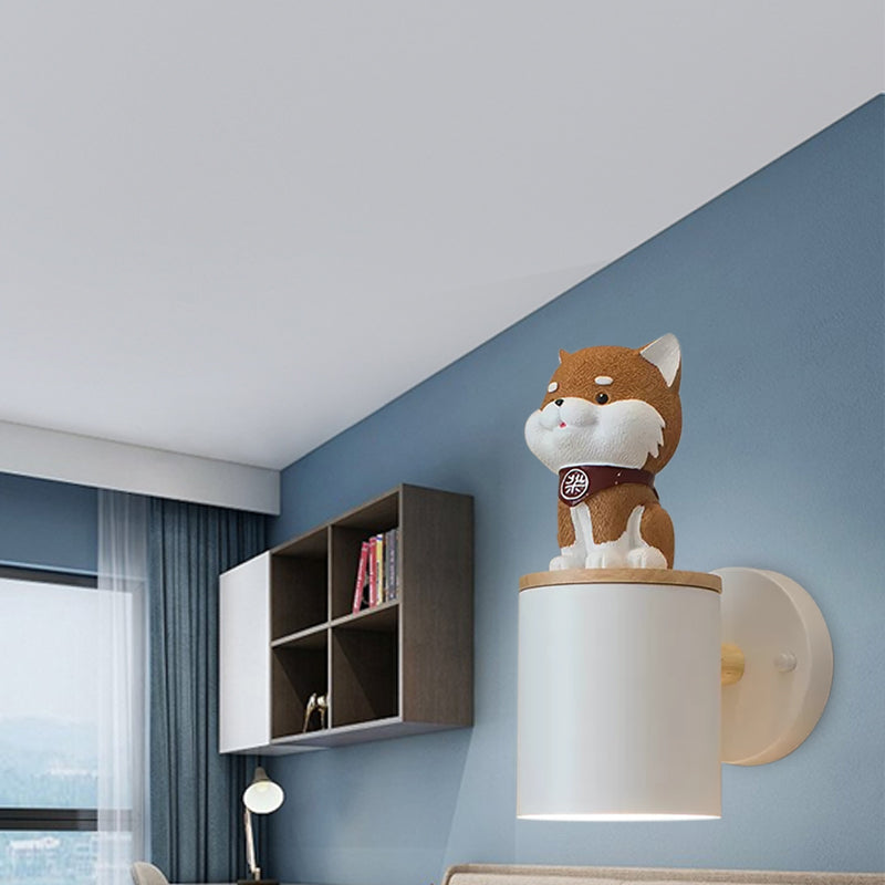 Metal Cylindrical Wall Light with Doggy Child Bedroom 1 Light Modern Sconce Light in White White Clearhalo 'Wall Lamps & Sconces' 'Wall Lights' Lighting' 188803