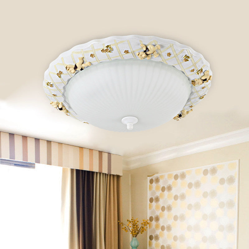 Kids Bowl Flush Mount Light with Small Bear Deco Fluted Glass Ceiling Lamp in White for Baby Bedroom Clearhalo 'Ceiling Lights' 'Close To Ceiling Lights' 'Close to ceiling' 'Flush mount' Lighting' 188807