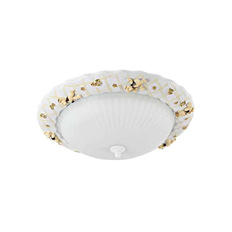 Kids Bowl Flush Mount Light with Small Bear Deco Fluted Glass Ceiling Lamp in White for Baby Bedroom Clearhalo 'Ceiling Lights' 'Close To Ceiling Lights' 'Close to ceiling' 'Flush mount' Lighting' 188811