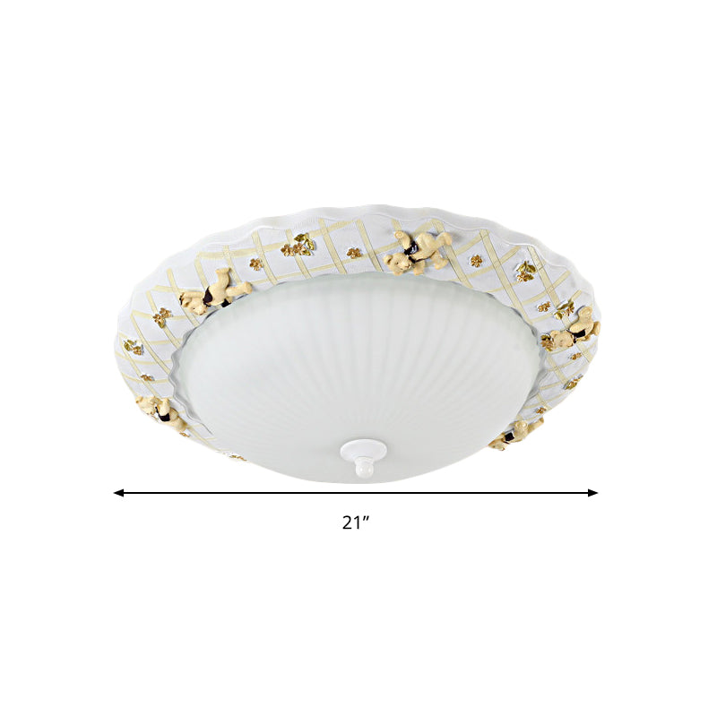 Kids Bowl Flush Mount Light with Small Bear Deco Fluted Glass Ceiling Lamp in White for Baby Bedroom Clearhalo 'Ceiling Lights' 'Close To Ceiling Lights' 'Close to ceiling' 'Flush mount' Lighting' 188812