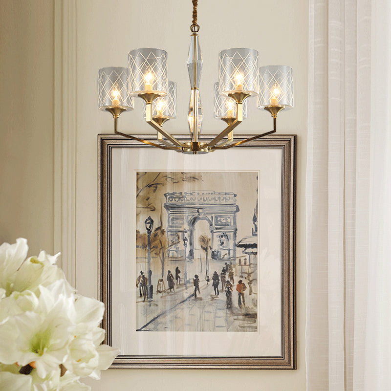 Grid Cylinder Shade Chandelier Elegant Style Metallic Ceiling Pendant in Gold for Study Room Clearhalo 'Ceiling Lights' 'Chandeliers' 'Modern Chandeliers' 'Modern' Lighting' 188879