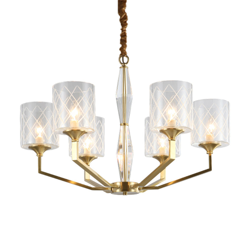 Grid Cylinder Shade Chandelier Elegant Style Metallic Ceiling Pendant in Gold for Study Room Clearhalo 'Ceiling Lights' 'Chandeliers' 'Modern Chandeliers' 'Modern' Lighting' 188880