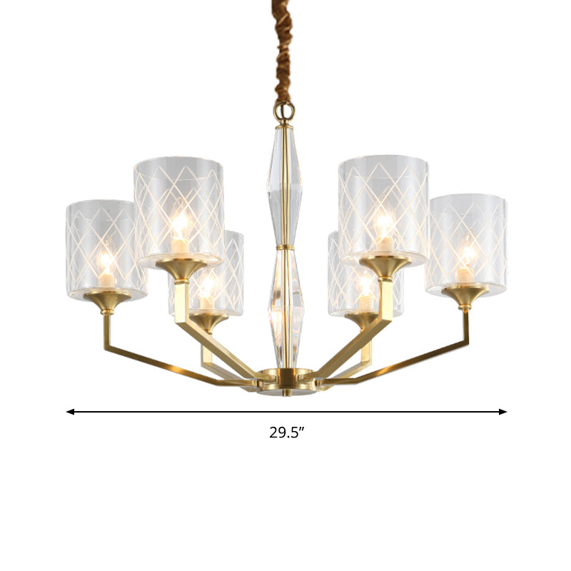 Grid Cylinder Shade Chandelier Elegant Style Metallic Ceiling Pendant in Gold for Study Room Clearhalo 'Ceiling Lights' 'Chandeliers' 'Modern Chandeliers' 'Modern' Lighting' 188881