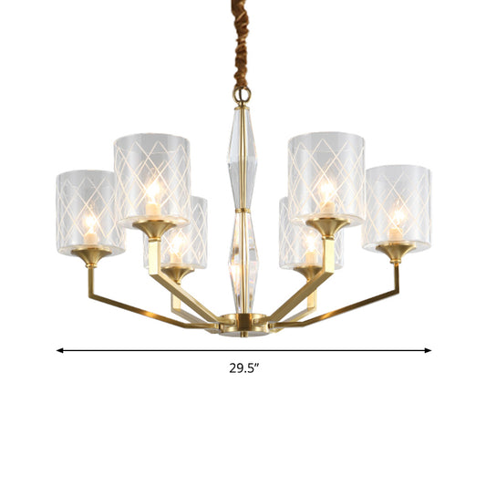 Grid Cylinder Shade Chandelier Elegant Style Metallic Ceiling Pendant in Gold for Study Room Clearhalo 'Ceiling Lights' 'Chandeliers' 'Modern Chandeliers' 'Modern' Lighting' 188881