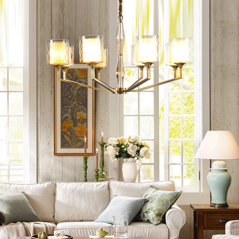 Grid Cylinder Shade Chandelier Elegant Style Metallic Ceiling Pendant in Gold for Study Room 8 Gold Clearhalo 'Ceiling Lights' 'Chandeliers' 'Modern Chandeliers' 'Modern' Lighting' 188882