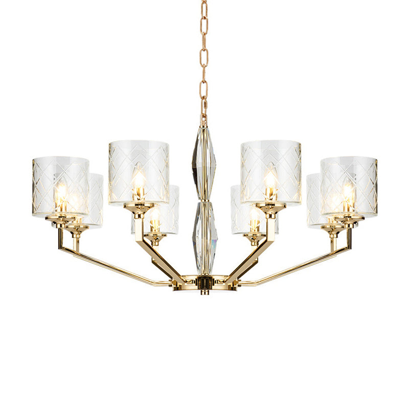 Grid Cylinder Shade Chandelier Elegant Style Metallic Ceiling Pendant in Gold for Study Room Clearhalo 'Ceiling Lights' 'Chandeliers' 'Modern Chandeliers' 'Modern' Lighting' 188884