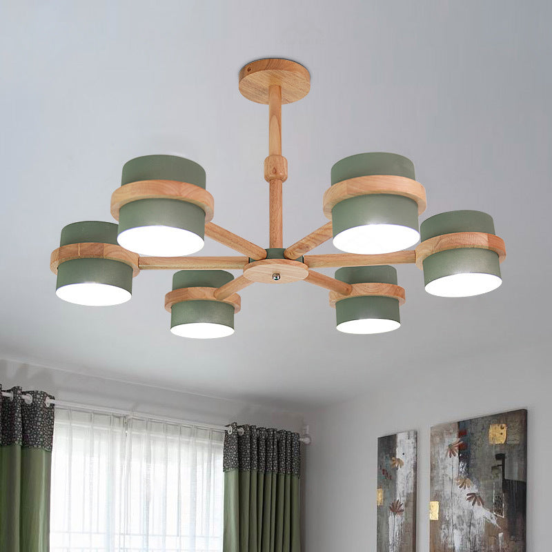 Nordic Cylindrical Shade Chandelier Six Lights Wood Ceiling Pendant for Foyer Cloth Shop Clearhalo 'Ceiling Lights' 'Chandeliers' Lighting' options 188993
