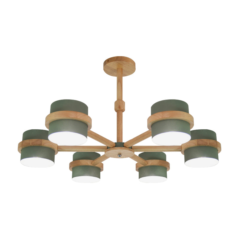 Nordic Cylindrical Shade Chandelier Six Lights Wood Ceiling Pendant for Foyer Cloth Shop Clearhalo 'Ceiling Lights' 'Chandeliers' Lighting' options 188995