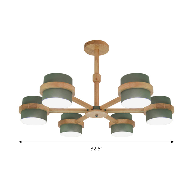 Nordic Cylindrical Shade Chandelier Six Lights Wood Ceiling Pendant for Foyer Cloth Shop Clearhalo 'Ceiling Lights' 'Chandeliers' Lighting' options 188996