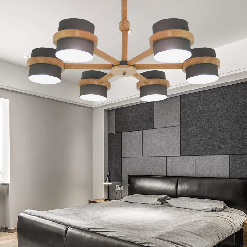 Nordic Cylindrical Shade Chandelier Six Lights Wood Ceiling Pendant for Foyer Cloth Shop Clearhalo 'Ceiling Lights' 'Chandeliers' Lighting' options 188998