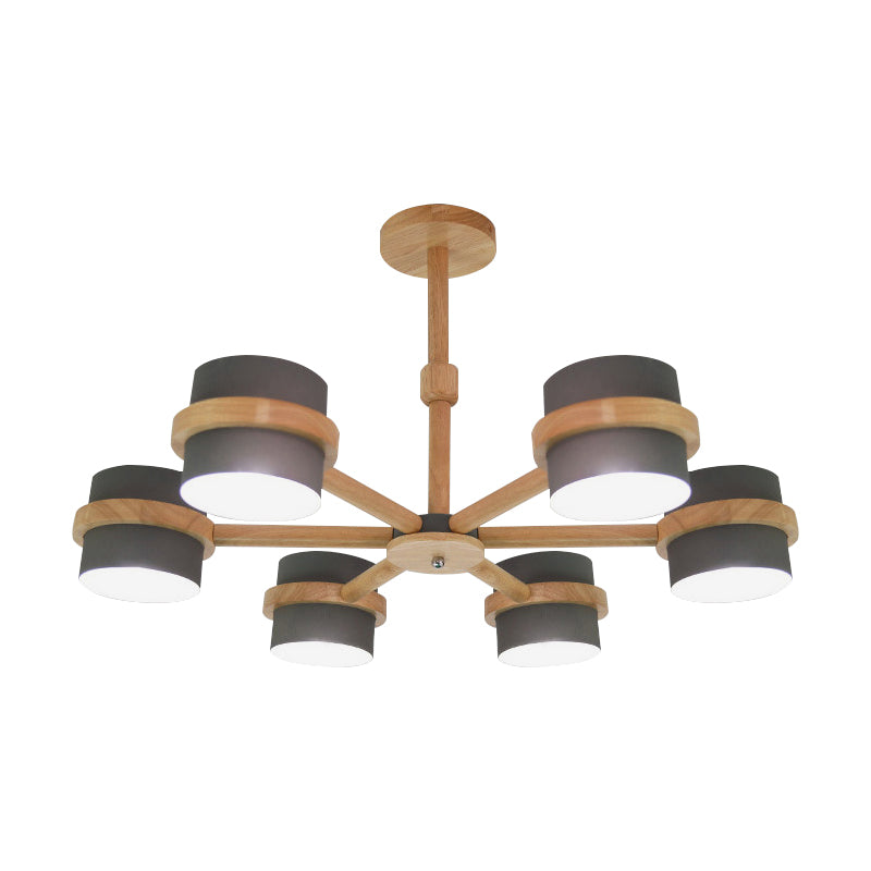 Nordic Cylindrical Shade Chandelier Six Lights Wood Ceiling Pendant for Foyer Cloth Shop Clearhalo 'Ceiling Lights' 'Chandeliers' Lighting' options 188999