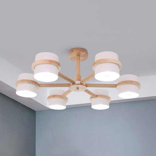 Nordic Cylindrical Shade Chandelier Six Lights Wood Ceiling Pendant for Foyer Cloth Shop Clearhalo 'Ceiling Lights' 'Chandeliers' Lighting' options 189000