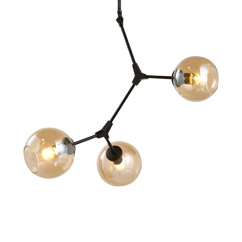 Amber Open Glass Orb Chandelier Living Room 3 Lights Modern Pendant Light in Black Clearhalo 'Ceiling Lights' 'Chandeliers' 'Modern Chandeliers' 'Modern' Lighting' 189017