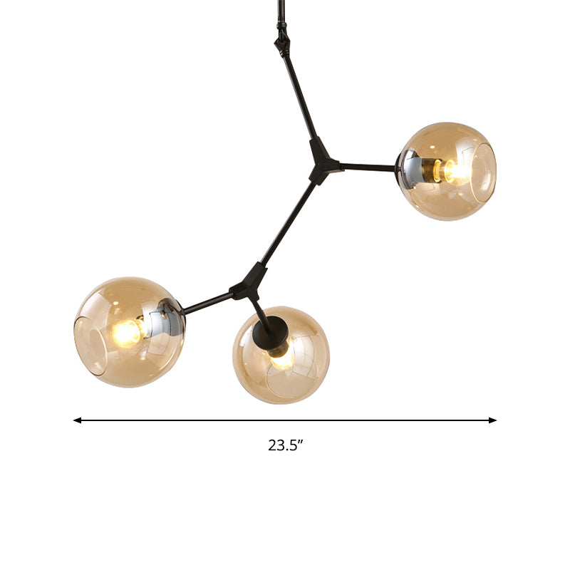 Amber Open Glass Orb Chandelier Living Room 3 Lights Modern Pendant Light in Black Clearhalo 'Ceiling Lights' 'Chandeliers' 'Modern Chandeliers' 'Modern' Lighting' 189018