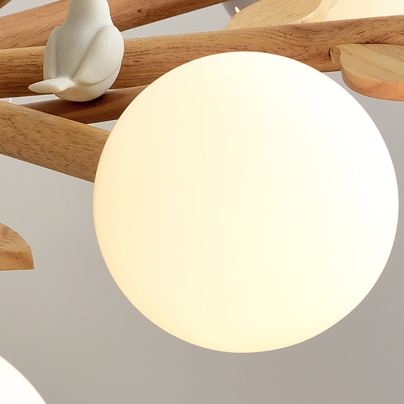 White Globe Shade Chandelier Rustic Style Wood Pendant Light with Bird for Dining Room Clearhalo 'Ceiling Lights' 'Chandeliers' Lighting' options 189068