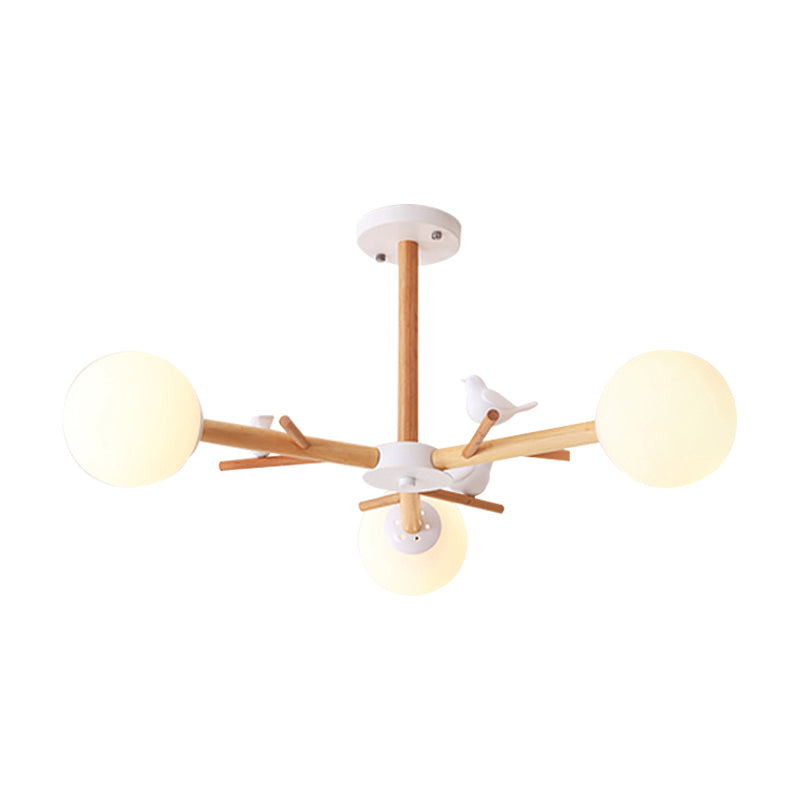 White Globe Shade Chandelier Rustic Style Wood Pendant Light with Bird for Dining Room Clearhalo 'Ceiling Lights' 'Chandeliers' Lighting' options 189071