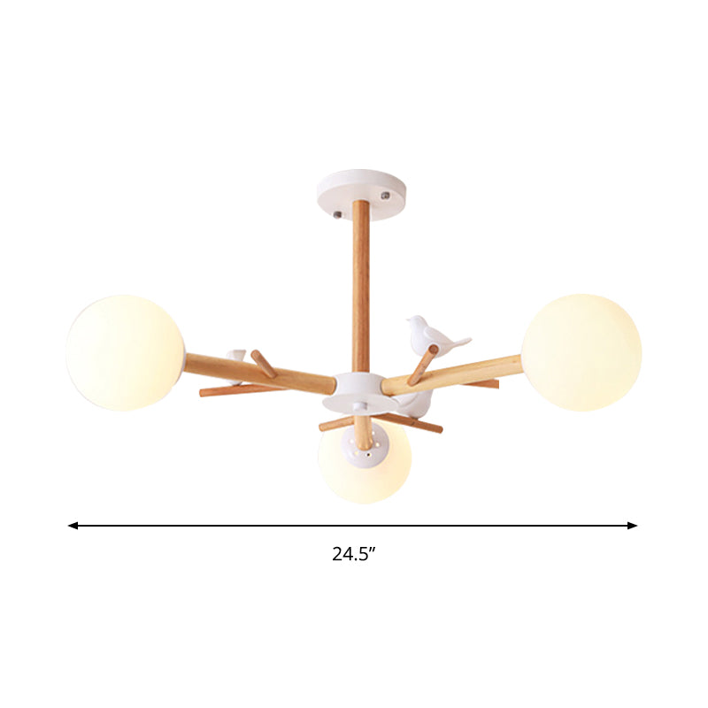 White Globe Shade Chandelier Rustic Style Wood Pendant Light with Bird for Dining Room Clearhalo 'Ceiling Lights' 'Chandeliers' Lighting' options 189072