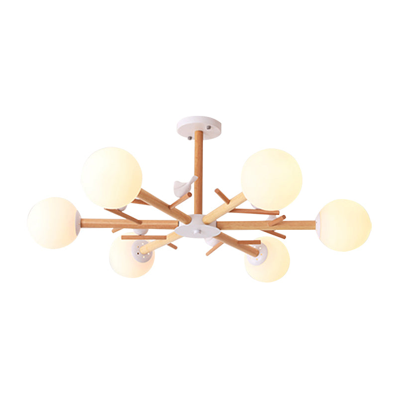 White Globe Shade Chandelier Rustic Style Wood Pendant Light with Bird for Dining Room Clearhalo 'Ceiling Lights' 'Chandeliers' Lighting' options 189075