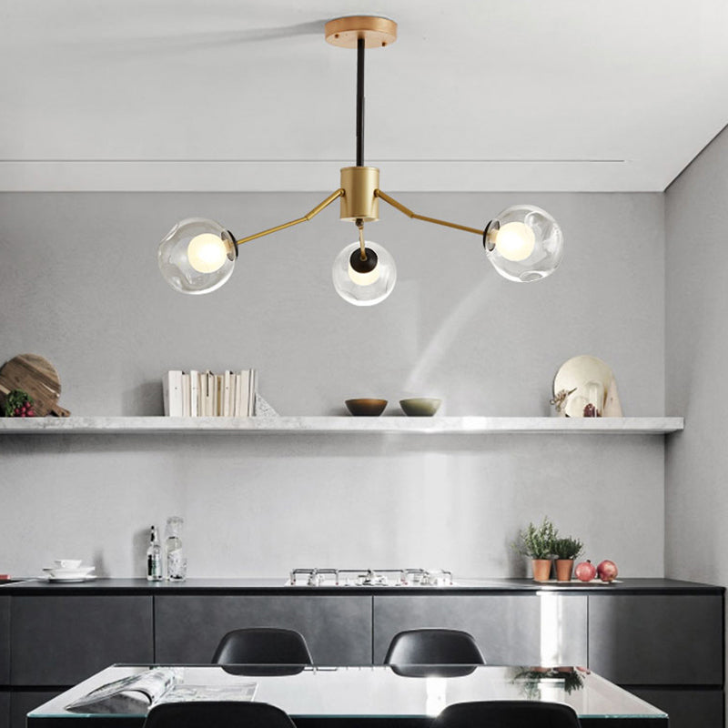 Contemporary Twig Shaped Chandelier with Orb Shade 3/6/8/10 Heads Metallic Pendant Light for Dining Room 3 Gold Clearhalo 'Ceiling Lights' 'Chandeliers' 'Modern Chandeliers' 'Modern' Lighting' 189152