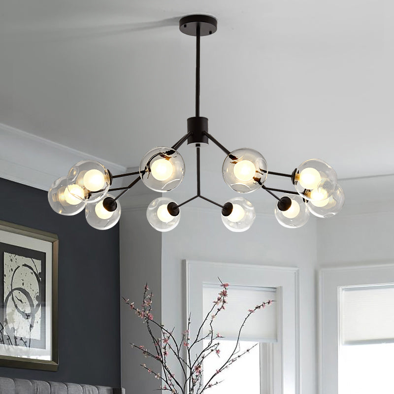 Contemporary Twig Shaped Chandelier with Orb Shade 3/6/8/10 Heads Metallic Pendant Light for Dining Room 10 Black Clearhalo 'Ceiling Lights' 'Chandeliers' 'Modern Chandeliers' 'Modern' Lighting' 189166