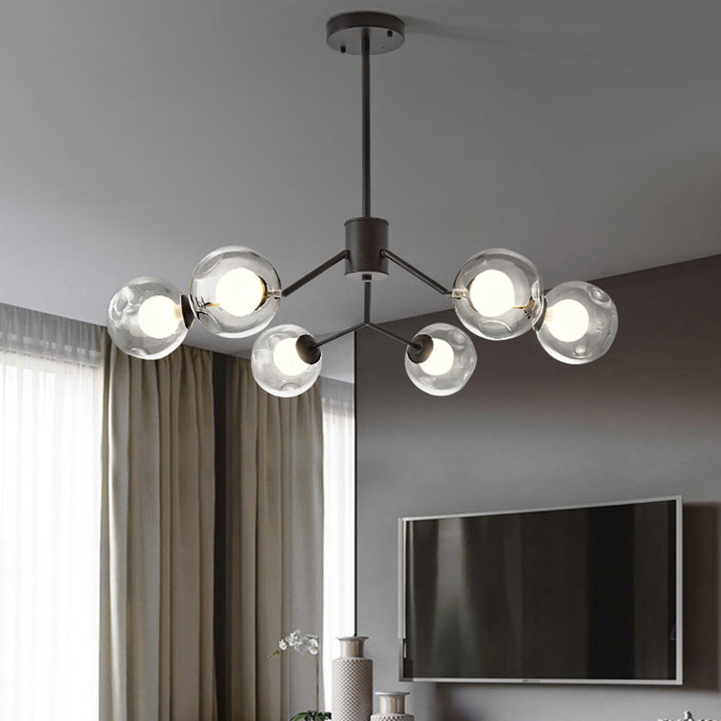 Contemporary Twig Shaped Chandelier with Orb Shade 3/6/8/10 Heads Metallic Pendant Light for Dining Room 6 Black Clearhalo 'Ceiling Lights' 'Chandeliers' 'Modern Chandeliers' 'Modern' Lighting' 189170