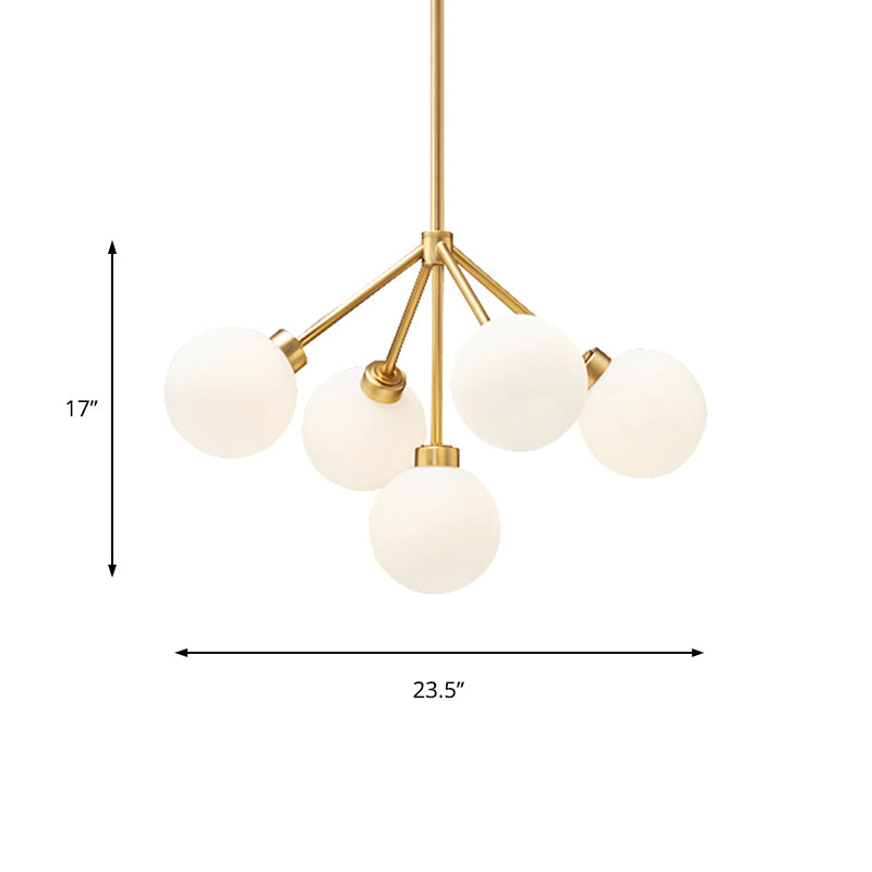 Simple Gold Chandelier Light Globe Shade 5 Lights Milk Glass G9 Hanging Light for Restaurant Clearhalo 'Ceiling Lights' 'Chandeliers' 'Glass shade' 'Glass' 'Modern Chandeliers' 'Modern' Lighting' 189323