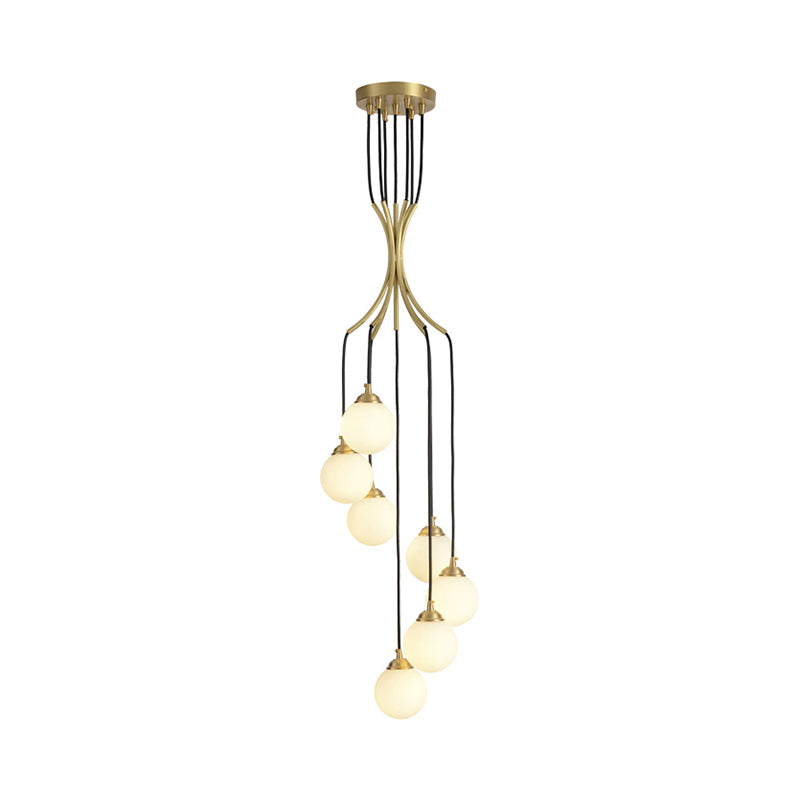 Globe Shade Pendant Light Contemporary Milk Glass Chandelier in Gold for Cafe Dining Table Clearhalo 'Ceiling Lights' 'Chandeliers' 'Modern Chandeliers' 'Modern' Lighting' 189340